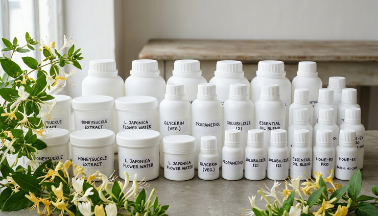 Wide-angle view of sealed ingredient containers with honeysuckle flowers placed in front
