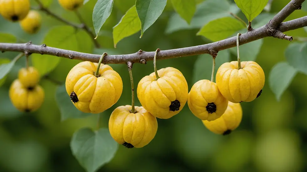 Close-up view of ripe Cornus officinalis fruits hanging on the tree
