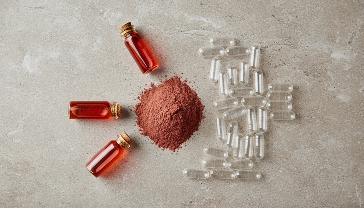 Overhead view of red algae powder beside amber oil samples and empty capsules