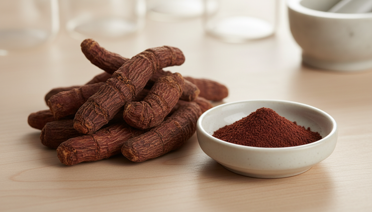 Close-up view of dried Salvia miltiorrhiza roots beside a small dish of reddish extract powder