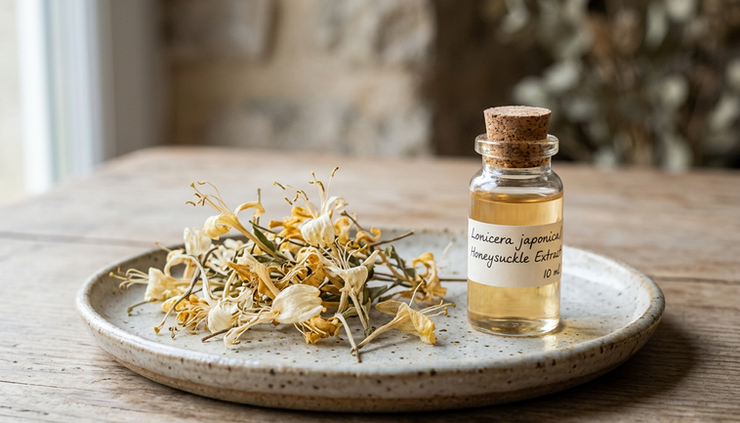 Close-up view of dried honeysuckle flowers prepared for botanical extraction.