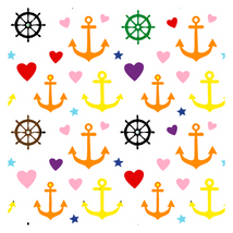 Pattern of orange suns, compass stars, red anchors and pink hearts on a white background.