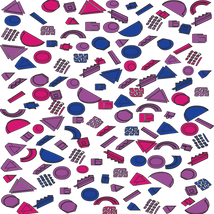 Memphis-style pattern of hand-drawn geometric shapes in pink, purple and blue on white.