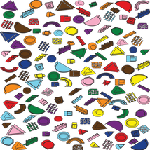 Memphis-style pattern of hand-drawn geometric shapes in bright rainbow colours on white.