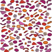 Memphis-style pattern of hand-drawn geometric shapes in reds, oranges, pinks and magenta on white.