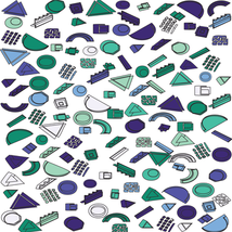 Memphis-style pattern of hand-drawn triangles, semicircles, arches and squiggle blocks in blues, greens and teal on white.