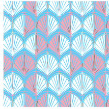 Pattern of white and pink scallop shells with blue linework.