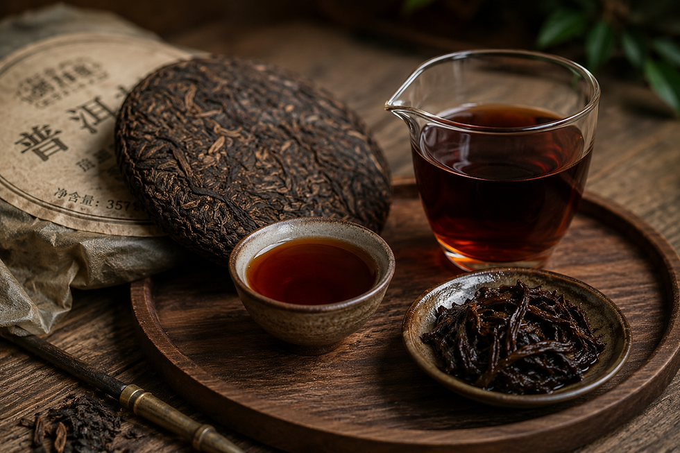 Authentic Pu Erh tea cake with brewed tea and wet leaves displayed on a traditional tea tray