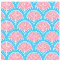 Pattern of pink scallop shells on a turquoise blue background.
