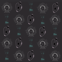 Pattern of white line-drawn crystal balls, pink potion bottles and green hourglasses in rows on a dark charcoal background.