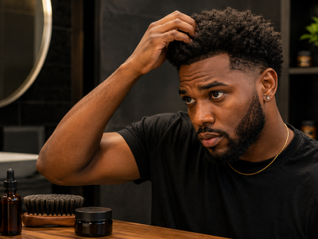 Black man following a healthy hair care routine in a modern barbershop, using premium grooming products to maintain strong, healthy hair and a well-groomed appearance.