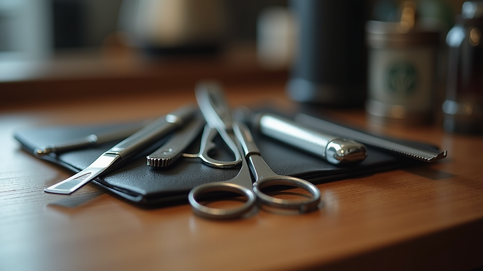 Close-up view of barber tools neatly arranged on a wooden counter