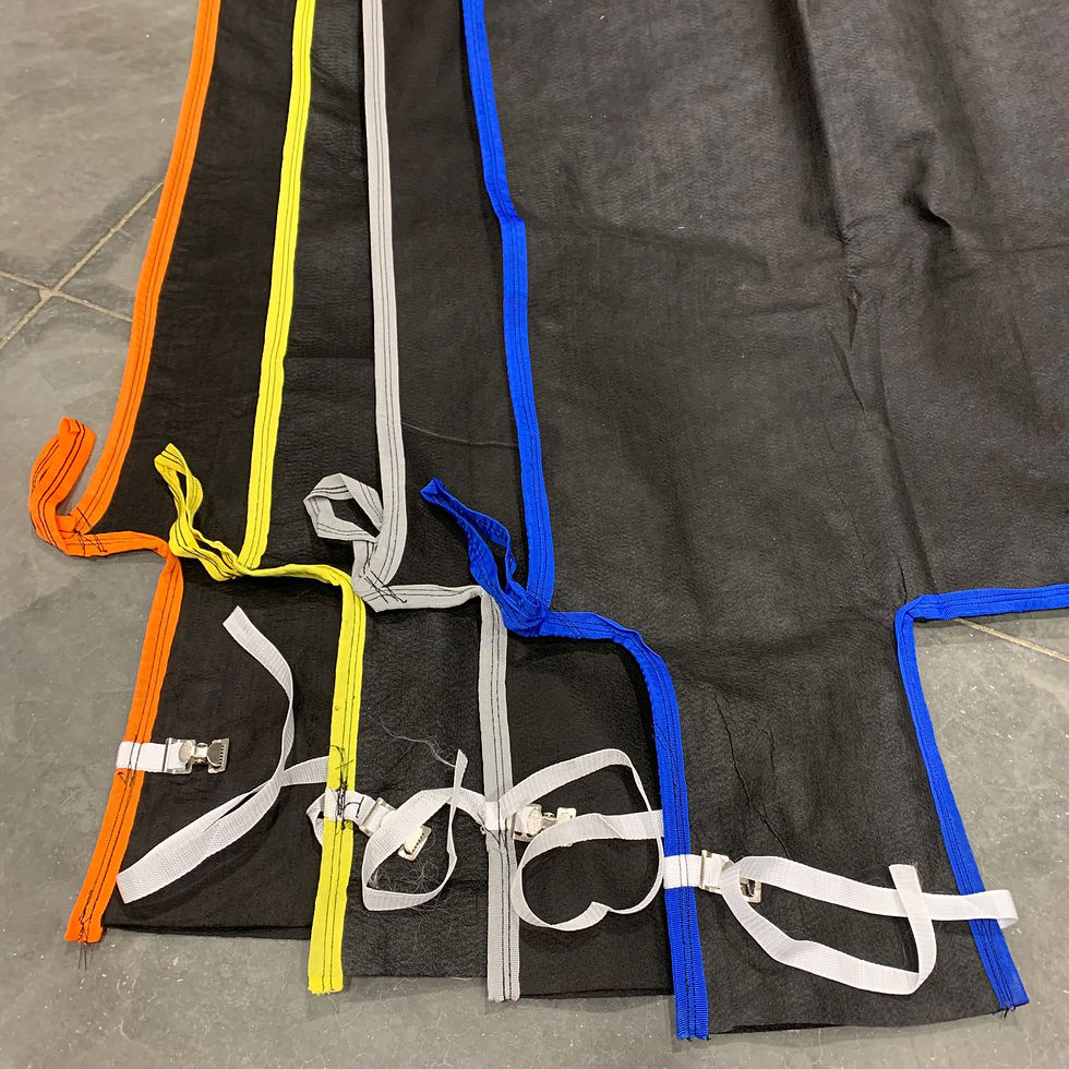 Multiple dewatering bags in various sizes and bright colour codes including orange, yellow, silver and blue.