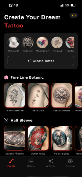 Tattoo AI uygulamasında ana ekran