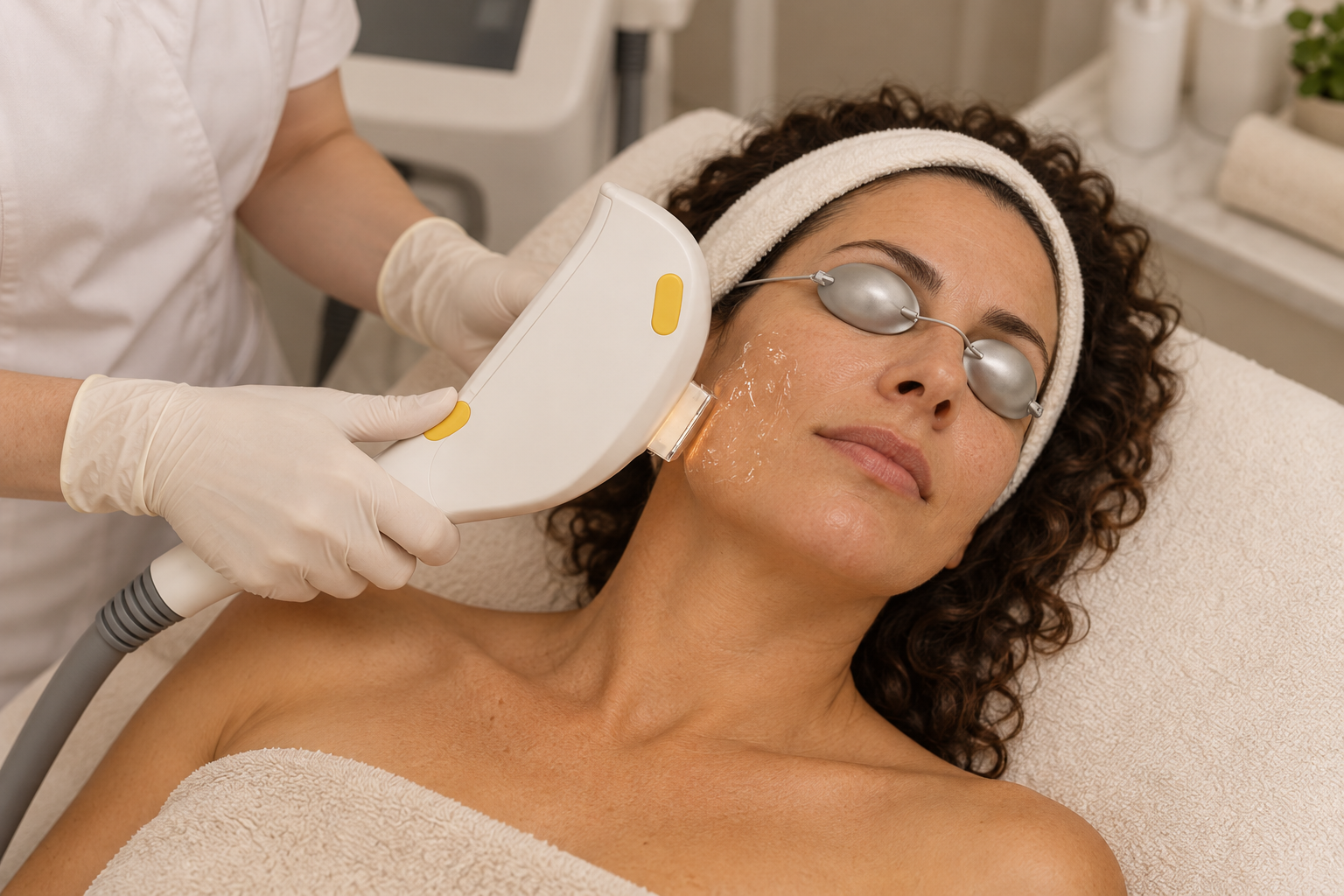 IPL-behandeling van de wang met oogbescherming bij Beauty & Mind in Amsterdam