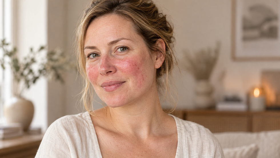 Illustratief portret van een vrouw met roodheid op haar wangen en neus.