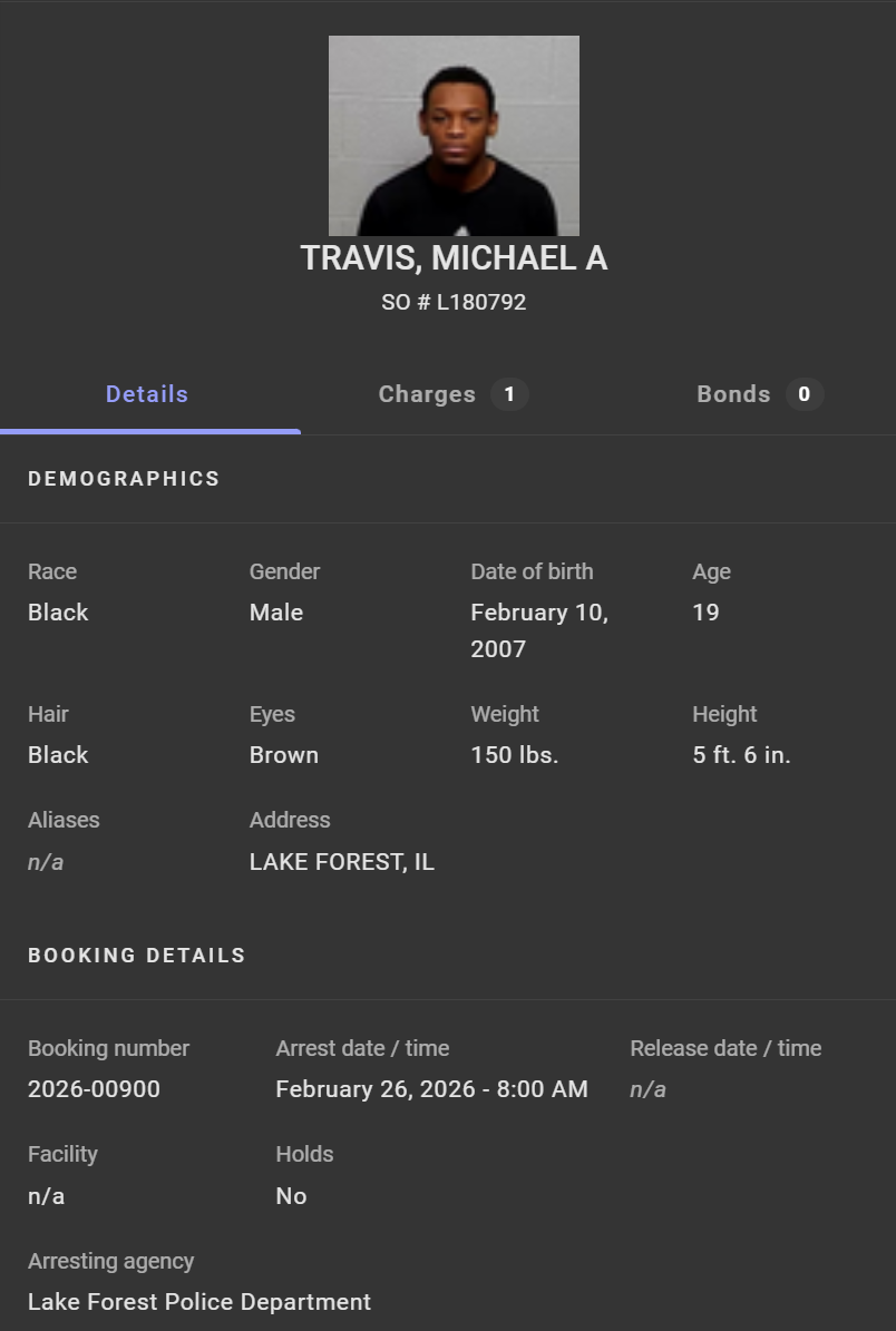 Mugshot and details of a person named Michael A Travis. Includes demographics, booking info, and arrest by Lake Forest Police Department.