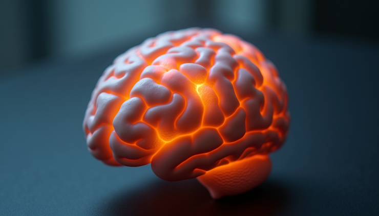 Close-up view of brain model highlighting inflamed areas