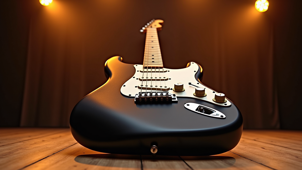 Eye-level view of a vintage electric guitar on a wooden stage