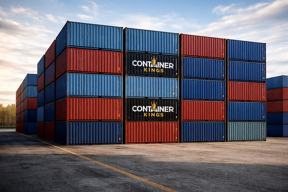 Stacked red and blue containers, two with 'CONTAINER KINGS'.