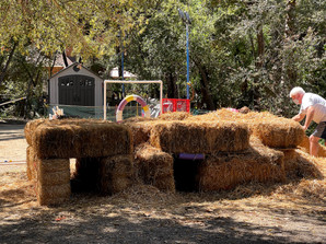 A barnhunt course consists of strawbales two bales high, and a tunnel.