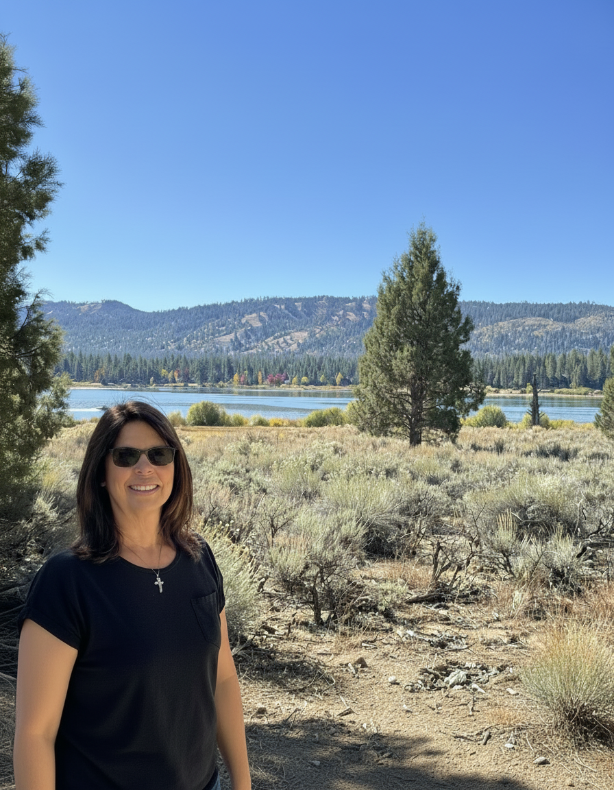 Portrait of a smiling woman in sunglasses standing outdoors in front of a lake, trees, and mountains on a sunny day, landscape orientation