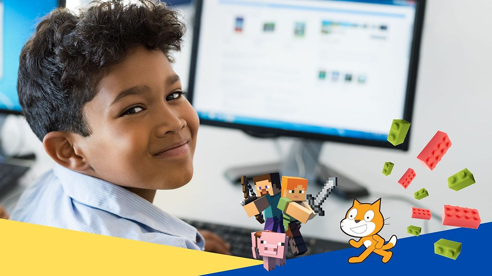 Child on a computer, MIT Scratch Cat and Minecraft characters and pig.