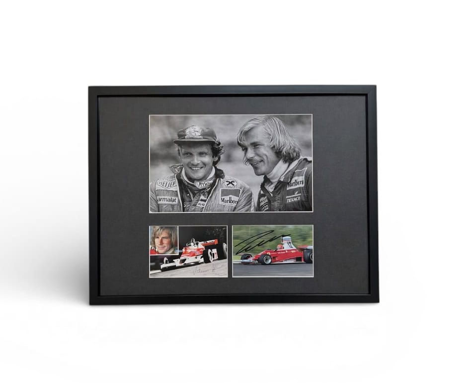 James Hunt and Niki Lauda - SIGNED, Framed Postcards From Both Formula 1 Drivers