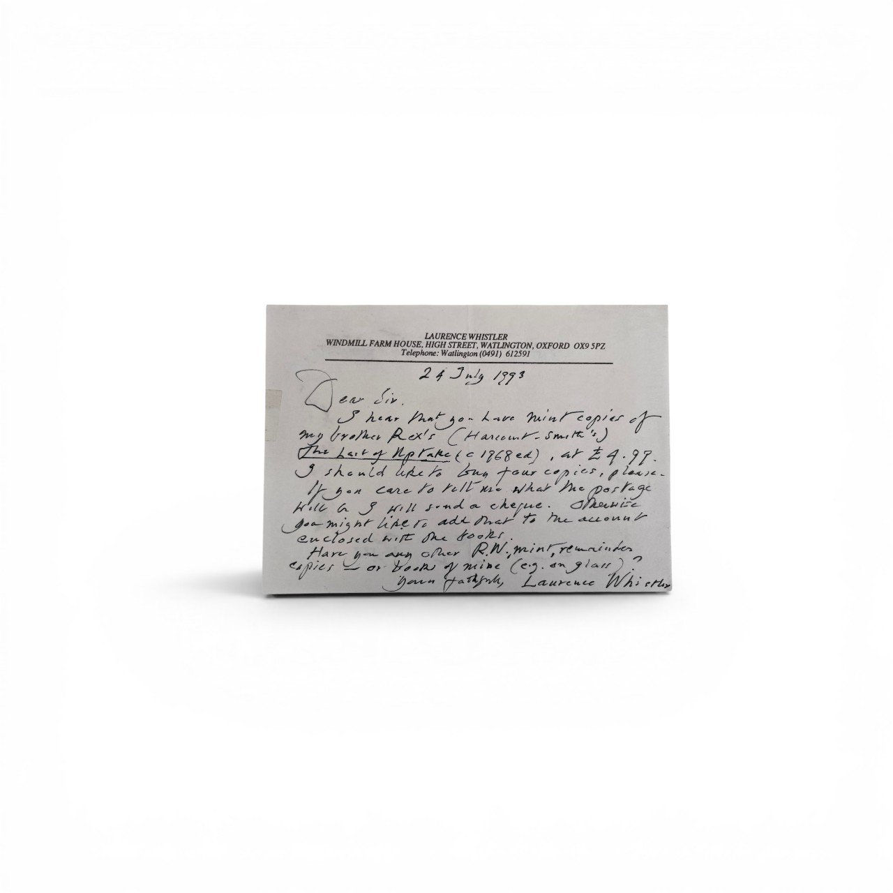 Laurence Whistler - SIGNED post card letter