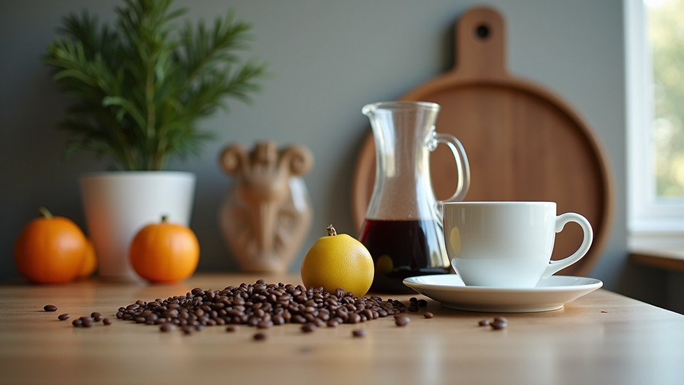Eye-level view of a kitchen counter with ingredients for making immunity-enhancing coffee