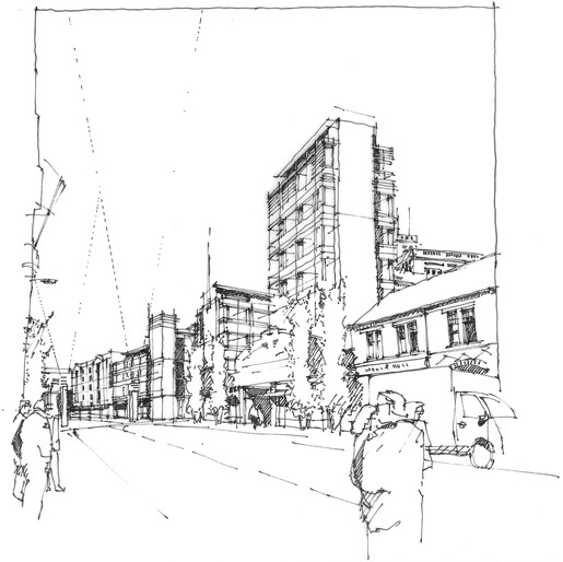 Architectural hand drawing by Russell Jones.