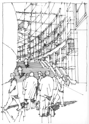 Architectural hand drawing by Russell Jones.