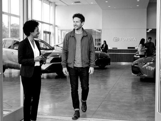 Man and woman in a car showroom, smiling and conversing near Toyota cars. Bright space with glass doors and reflected vehicles.