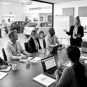 Business meeting in a car showroom. A woman presents a graph to seated colleagues. Cars and "Oceanview Motors" sign visible in background.
