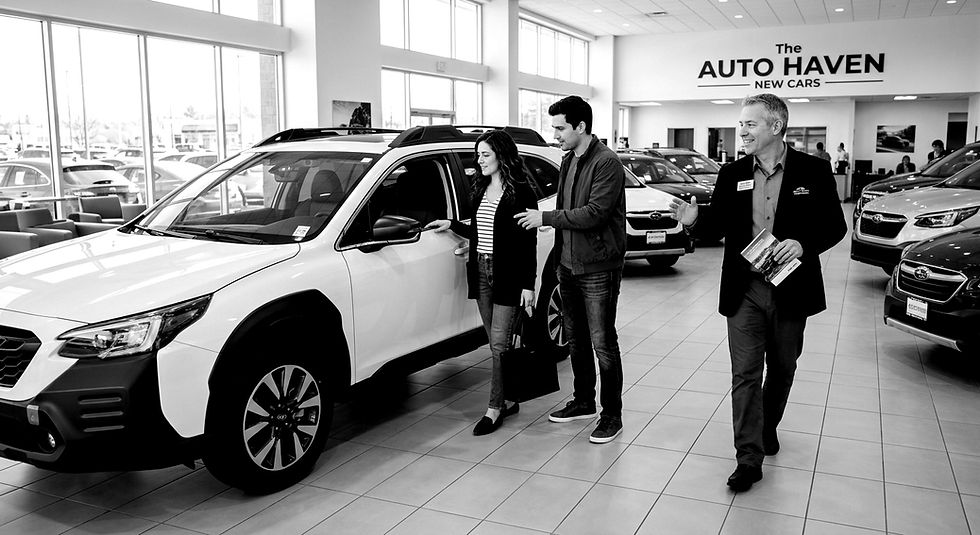 Couple inspects a white SUV in a bright car showroom while a salesman smiles; sign reads The AUTO HAVEN NEW CARS.