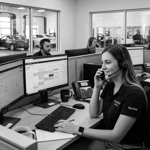 Call center staff at a car dealership wearing headsets work at computers. Large windows reveal cars and colleagues in the background. Black and white image.