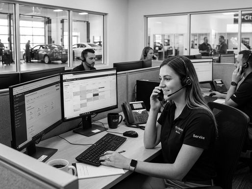 Call center staff at a car dealership wearing headsets work at computers. Large windows reveal cars and colleagues in the background. Black and white image.