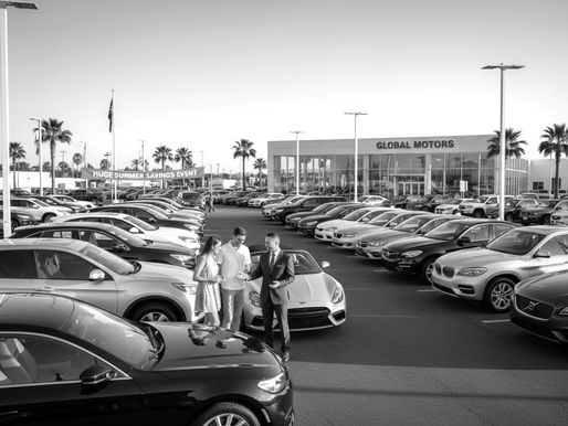 People browse cars at a dealership with a "Huge Summer Savings Event" sign. Palm trees and parked cars fill the scene.