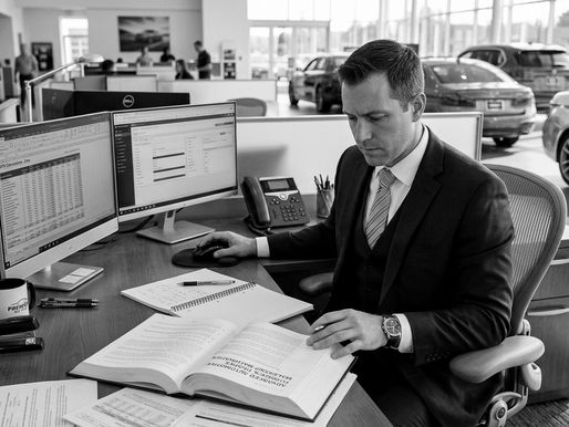 Man in suit works at dual monitors in a car dealership office, reviewing paperwork as cars sit on the showroom floor.