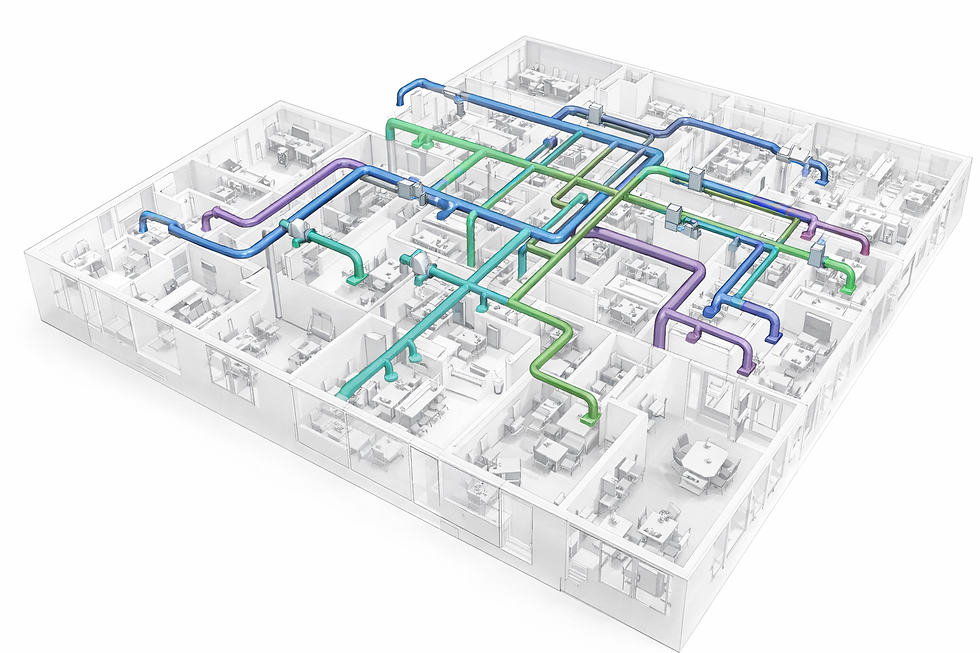 3D BIM model showing color-coded HVAC ductwork layout across a commercial office floor plan with main trunk runs, branch distribution, and VAV unit connections