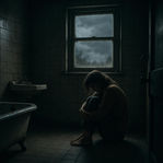 Image of a distressed woman in a dim, locked bathroom.