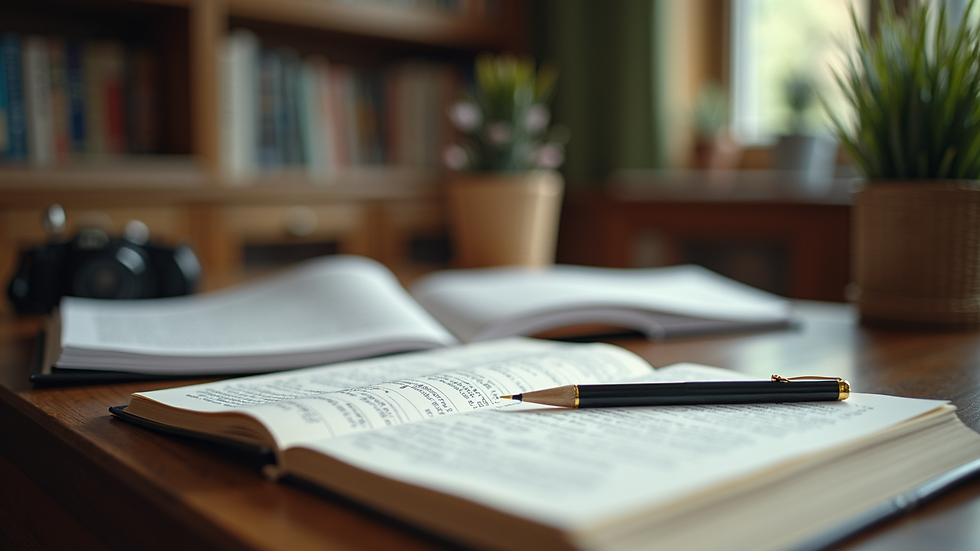High angle view of a study desk with books and notes