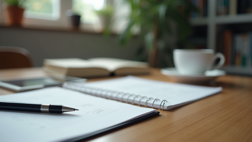 Close-up view of a teacher’s desk with training materials and a cup of coffee