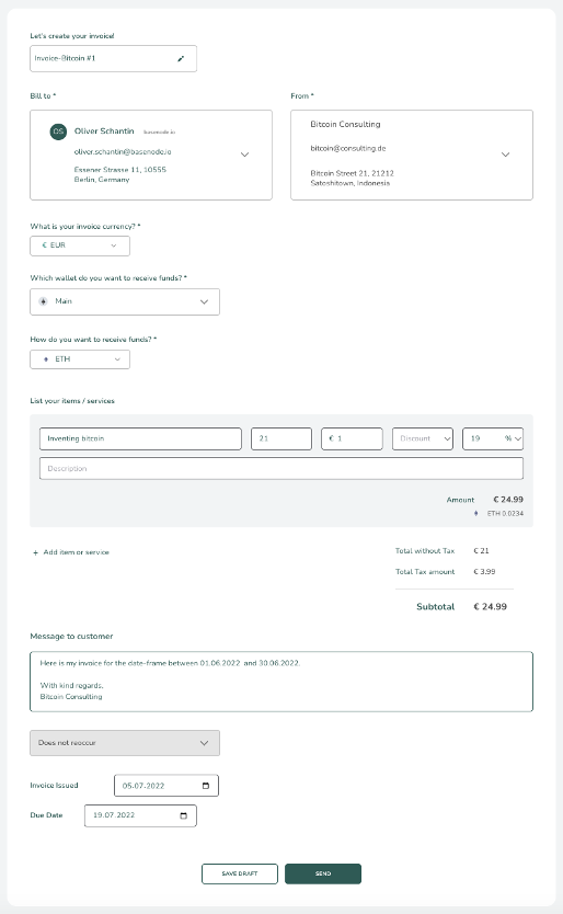 Create a cryptocurrency invoice
