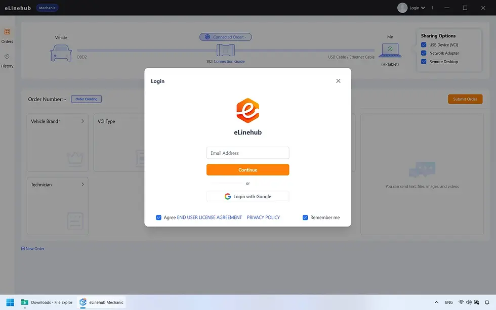 eLinehub Mechanic login and registration popup window prompting for an email address and user agreement confirmation.