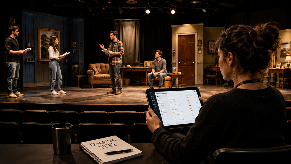 Theater staff member organizing production information on a laptop