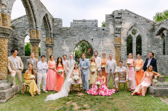 Bridal party group photos at the Unfinished Church