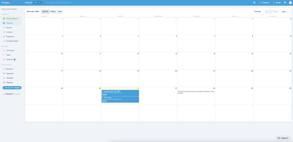 Landing page/calendar view of Printavo.