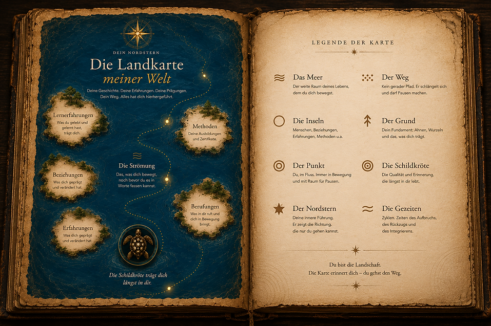 Landkarte für Somatik, Nervensystem und persönliche Entwicklung mit Meer, Inseln und Nordstern.