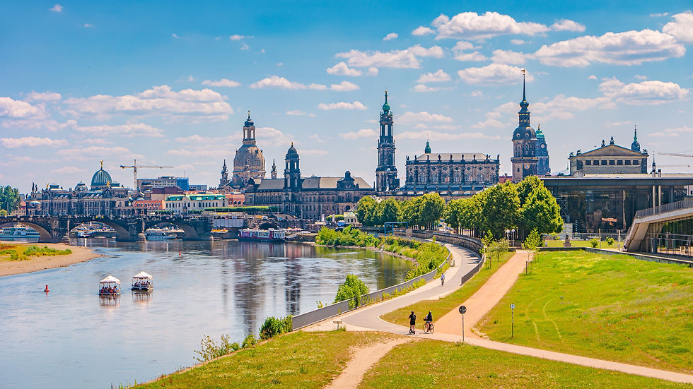 Dresden, Germany Panoramic over old city historical downtown, Elbe river and party boats w